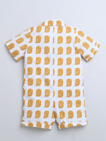 Yellow Owl Print HalfSleeve Romper With Hat For Baby Boy.