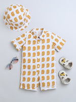 Yellow Owl Print HalfSleeve Romper With Hat For Baby Boy.