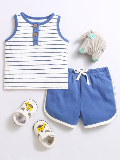 Nino Bambino 100% Organic Cotton Horizontal Blue Strip Top With Matching Shorts/Top & Bottom Sets For Baby Boy.