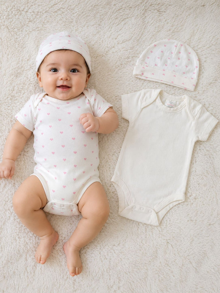 Nino Bambino 100% Oraganic Cotton Heart Print half Sleeves Bodysuit / Onesie For Baby Girl (Pack of 2)