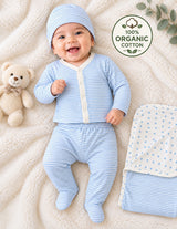 Nino Bambino 100% Organic Cotton White & Blue Print Essentials Set Pack Of 4 For Baby.