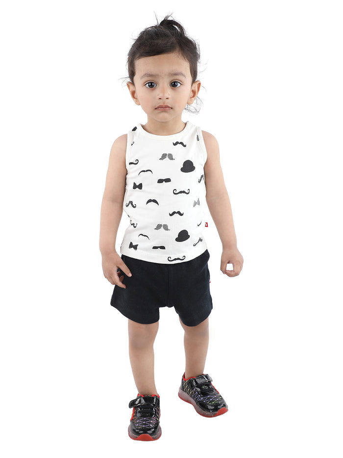 Nino Bambino 100% Organic Cotton Sleeveless Beard & Hat Print Tank Top & Solid Black Short Sets For Baby Boy