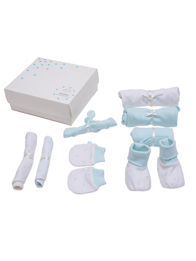 Nino Bambino 100% Organic Cotton White & Blue Print Essentials Gift Sets Pack Of 8 For Newborn Baby Boy