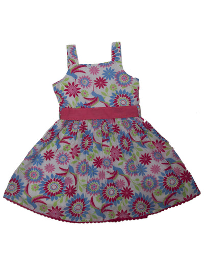 Nino Bambino 100% Pure Organic Cotton Sleeveless Square Neck A-Line Floral Printed Multicolor Dress for Girls with Waist Belt