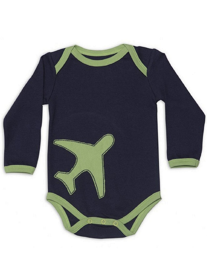 Nino Bambino 100% Organic Cotton Flight Applique Long Sleeve Lap Shoulder Bodysuit for Baby Boy