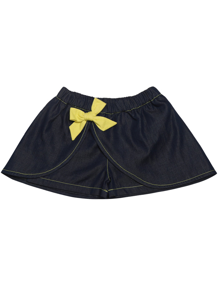 100% Pure Organic Cotton Knee Length Solid Blue Skirt With Yellow Ribbon Knot