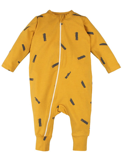 Nino Bambino 100% Organic Cotton Long Sleeves Mustard Color Full Zipper Romper For Unisex Baby