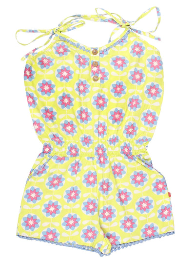 Nino Bambino 100% Pure Organic Cotton Sleeveless Yellow Color Flower Print Jumpsuit Dress For Girls