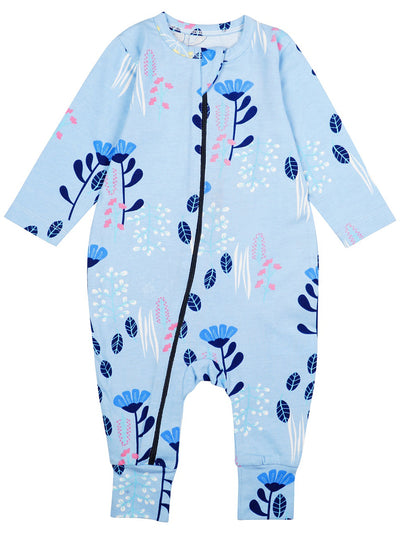 Nino Bambino 100% Organic Cotton Long Sleeve Blue Zipper Romper For Baby Girls