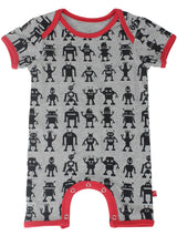 Nino Bambino 100% Organic Cotton Round Neck Short Sleeve Lap Shoulder Robot Print Grey Half Romper For Baby Boy