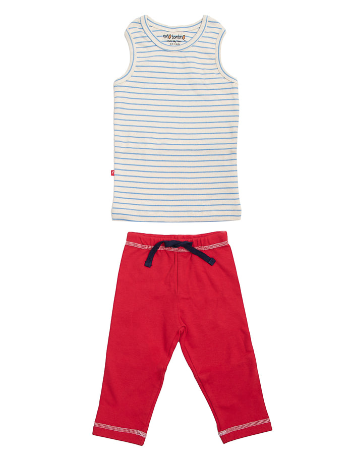 100% Organic Cotton Sleeveless Round Neck Striped Print Vest Tank top with Pajama for Baby Boys