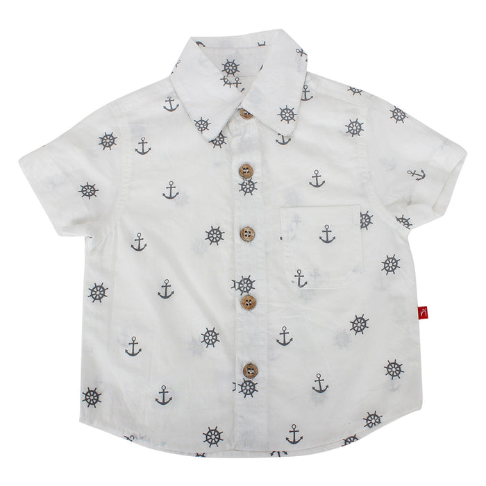 Nino Bambino 100% Pure Organic Cotton Regular Collar Button Down Closure Half Sleeve Animal Printed Whit Shirt for Baby Boys with Front Pocket