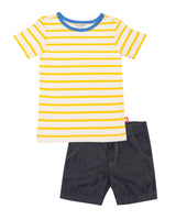Nino Bambino 100% Pure Organic Cotton Round Neck Short Sleeve Striped T-Shirt & Solid Blue Shorts Set for Baby Boys