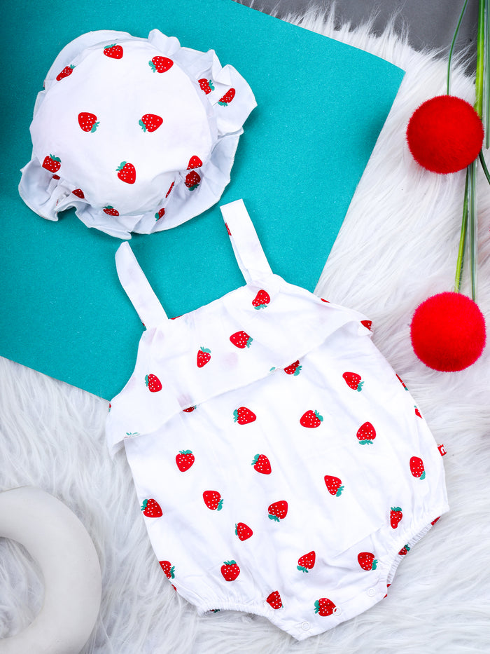 Nino Bambino 100% Organic Cotton Sleeveless Strawberry Print Strap Jumpsuit Dress With Hat For Baby Girls
