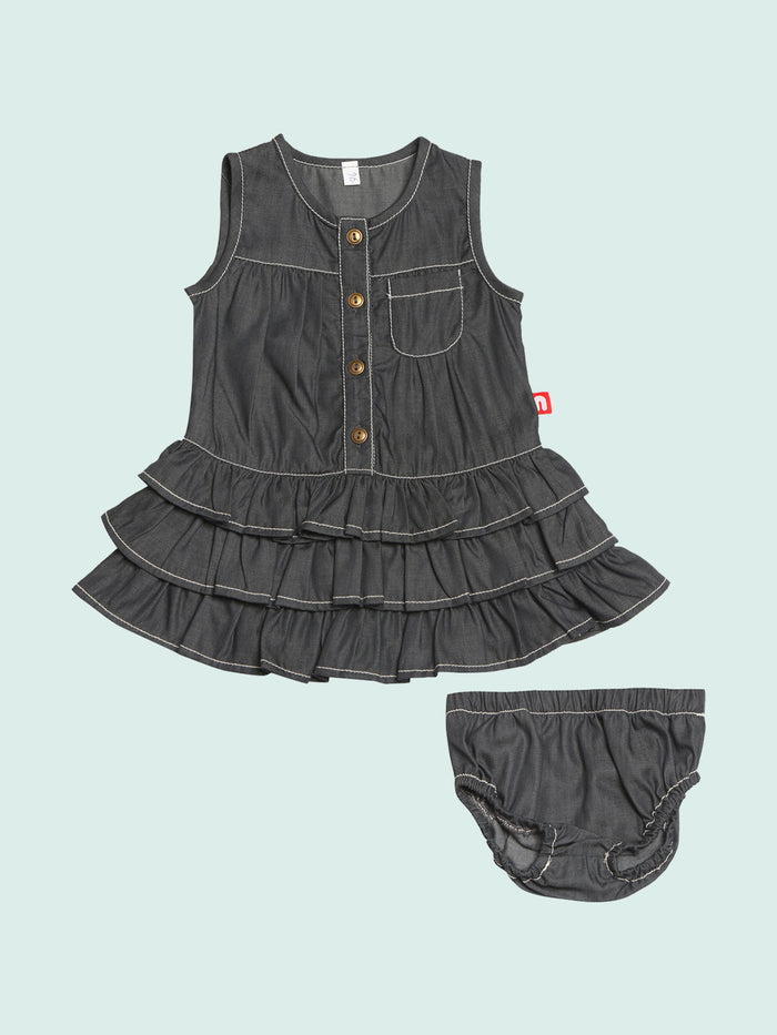 Nino Bambino 100% Cotton Denim Dress with Bloomer For Baby Girls