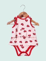 Nino Bambino 100% Organic Cotton Red Heart Print Pink Sleeveless Onesie Dress For Baby Girls
