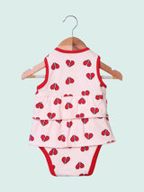 Nino Bambino 100% Organic Cotton Red Heart Print Pink Sleeveless Onesie Dress For Baby Girls