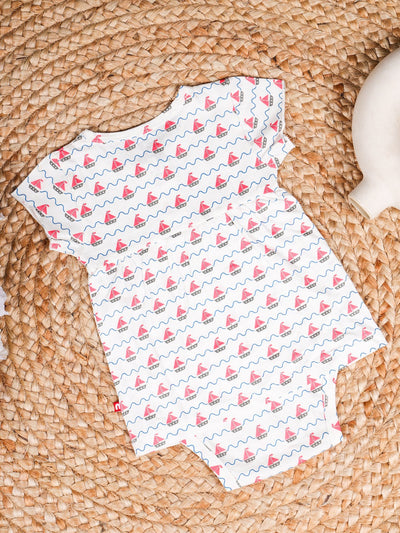 Nino Bambino 100% Organic Cotton Ship Print Capsleeve Onesie Dress For Baby Girls.