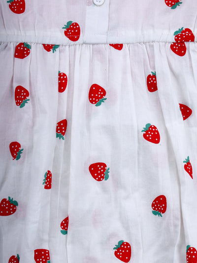 Nino Bambino 100% Organic Cotton Round Neck Cap Sleeves Strawberry Print Frill Romper For Baby Girl