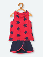 Nino Bambino 100% Organic Cotton Sleeveless Red Color & Black Star Print Tank Top and Skirt For Baby Girl