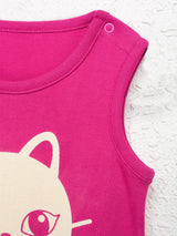 Nino Bambino 100% Organic Cotton Round Neck Sleeveless Dark Pink Color With Cat Print Half Romper For Baby Girls