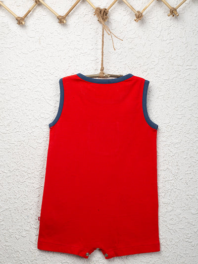 Nino Bambino 100% Organic Cotton Round Neck Red Color Sleeveless Romper With Pocket For Unisex Baby