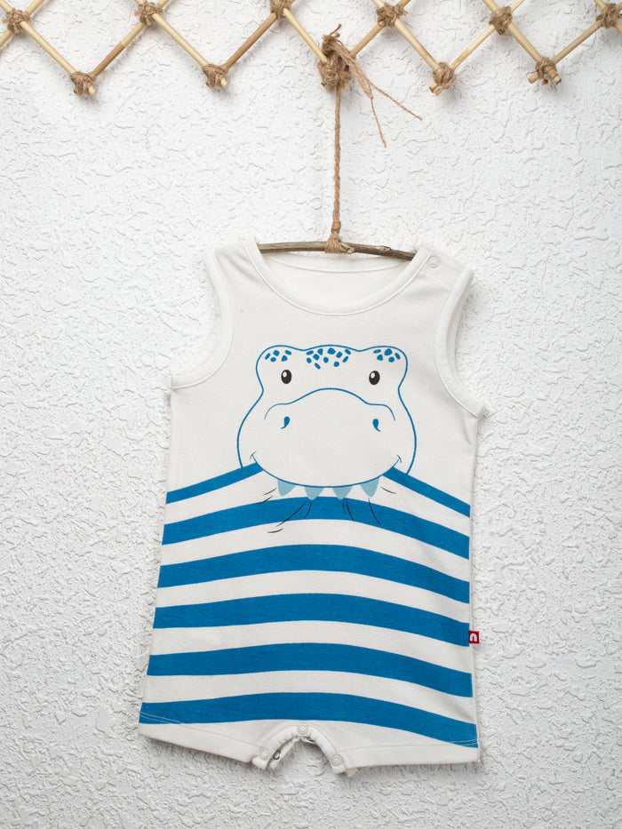 Nino Bambino 100% Organic Cotton Round Neck Sleeveless Blue & White Color With Hippo Print Half Romper For Baby Boys