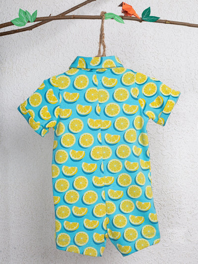 Nino Bambino 100% Organic Cotton Short Sleeve Aqua Color Orange Print Half Romper With Bow For Baby Boy