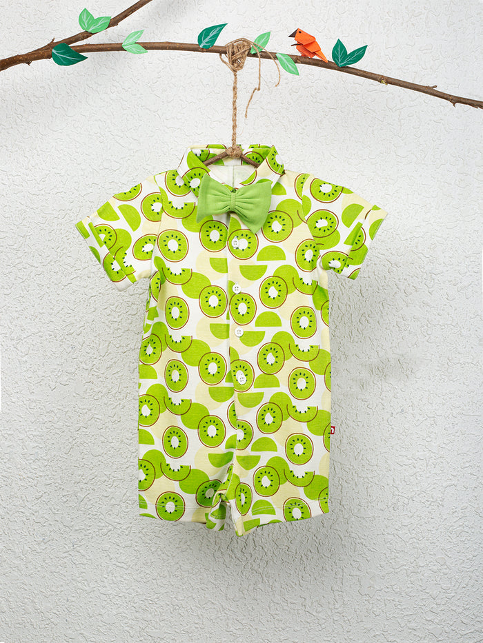 Nino Bambino 100% Organic Cotton Short Sleeve Kiwi Print Half Romper With Bow For Baby Boy