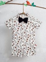Nino Bambino 100% Organic Cotton Short Sleeve White Color Milk & Cookies Print Half Romper With Bow For Baby Boy