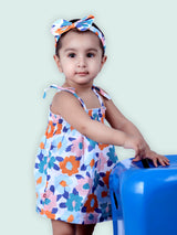 Nino Bambino 100% Organic Cotton Floral Print Strappy Tiered Dress With Matching Hairband & Blommer For Baby Girls