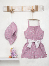 Nino Bambino 100% Organic Cotton Sleeveless Lavender Color Strap Jumpsuit With Matching Hat For Baby Girls