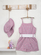 Nino Bambino 100% Organic Cotton Sleeveless Lavender Color Strap Jumpsuit With Matching Hat For Baby Girls