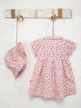 Nino Bambino 100% Organic Cotton Short Sleeves Peach Color Apron Dress With Matching Hat For Baby Girls