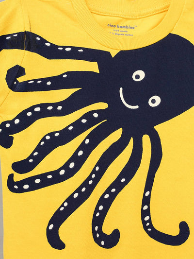 Nino Bambino 100% Organic Cotton Round Neck Short Sleeve Octopus Print Yellow T-Shirts For Baby Boy