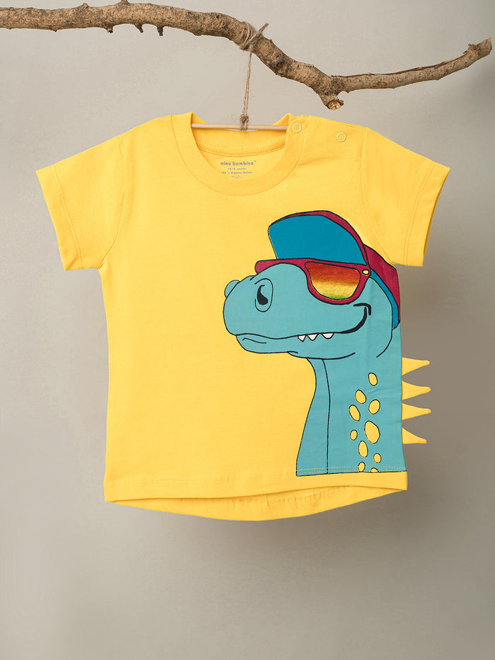 Nino Bambino 100% Organic Cotton Round Neck Short Sleeve Dinosaur Applique Yellow T-Shirt For Baby Boy.