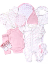Nino Bambino 100% Organic Cotton White & Pink Print Essentials Gift Sets Pack Of 10 For Newborn Baby Girls
